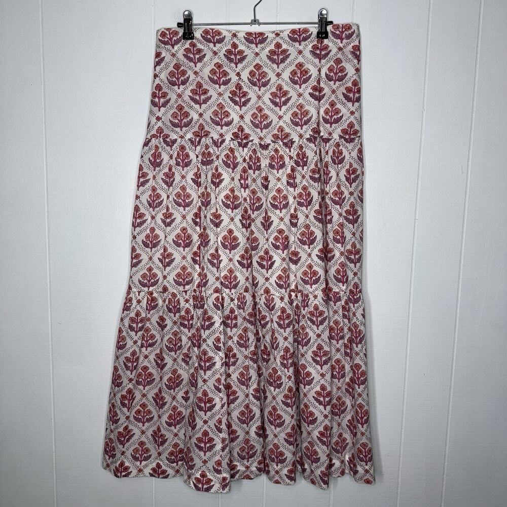 Dolma Women’s 100% Cotton Block Printed Floral Tiered Maxi Skirt Pink Size L/XL